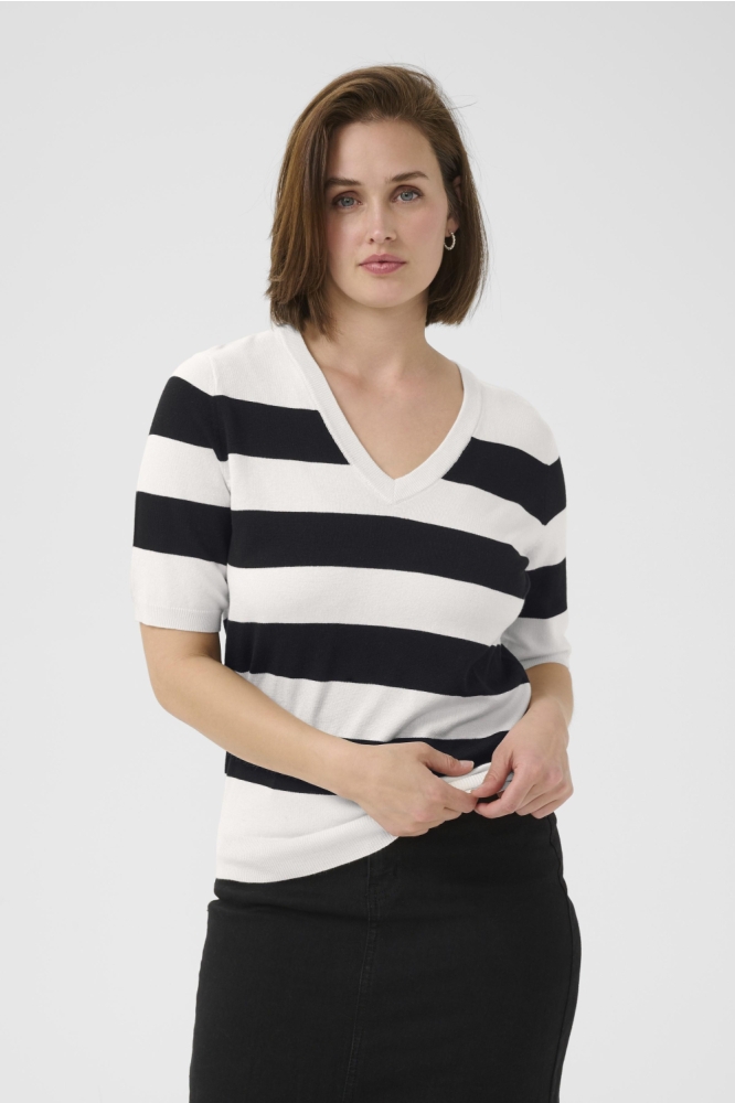KALIZZA STRIPED V NECK 10510501 108166 TURTLEDOVE/BLACK BOLDSTRIPE